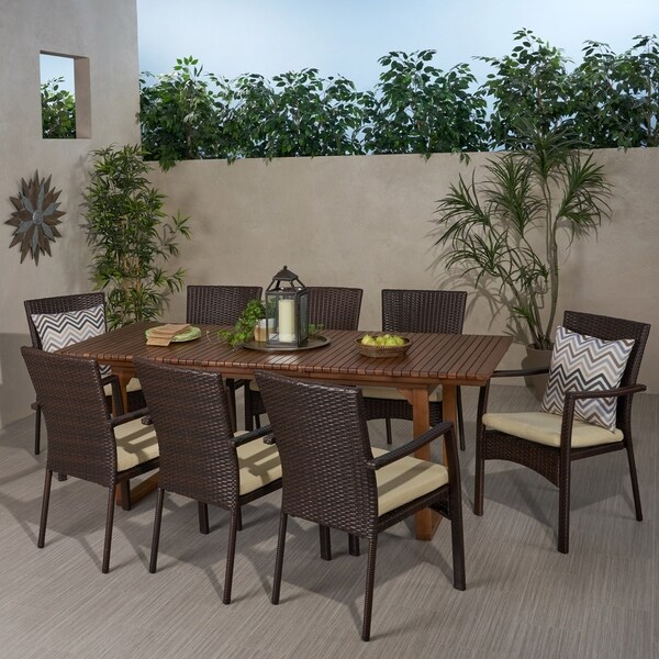 Villa Wood and Wicker 9piece Outdoor Expandable Table Dining Set by Christopher Knight Home