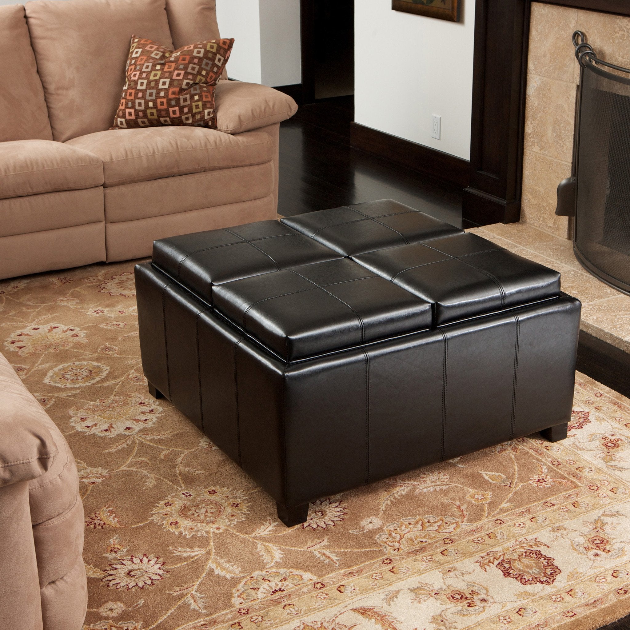 Harley Leather 4-Tray-Top Storage Ottoman Coffee Table