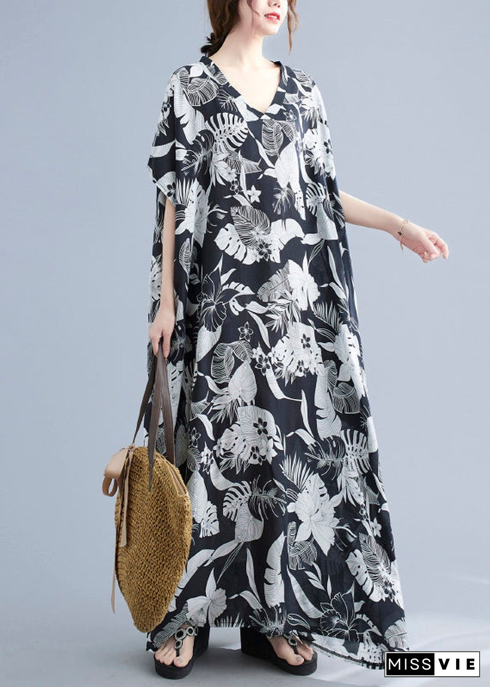 Natural Black V Neck Print Robe Dresses Short Sleeve