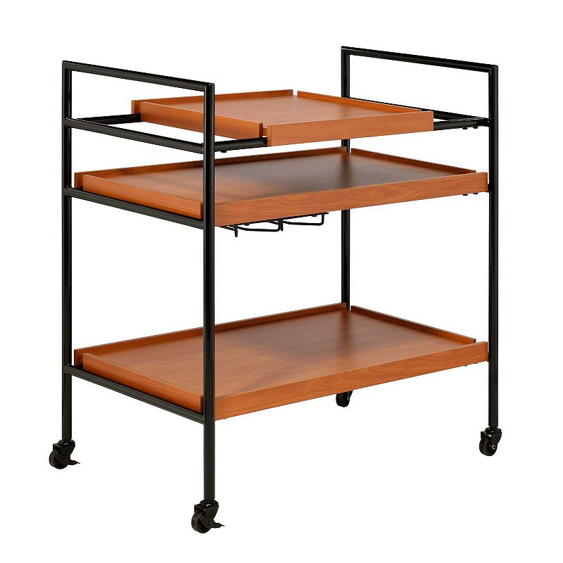 Metal Frame Serving Cart with Adjustable Compartments， Oak Brown and Black