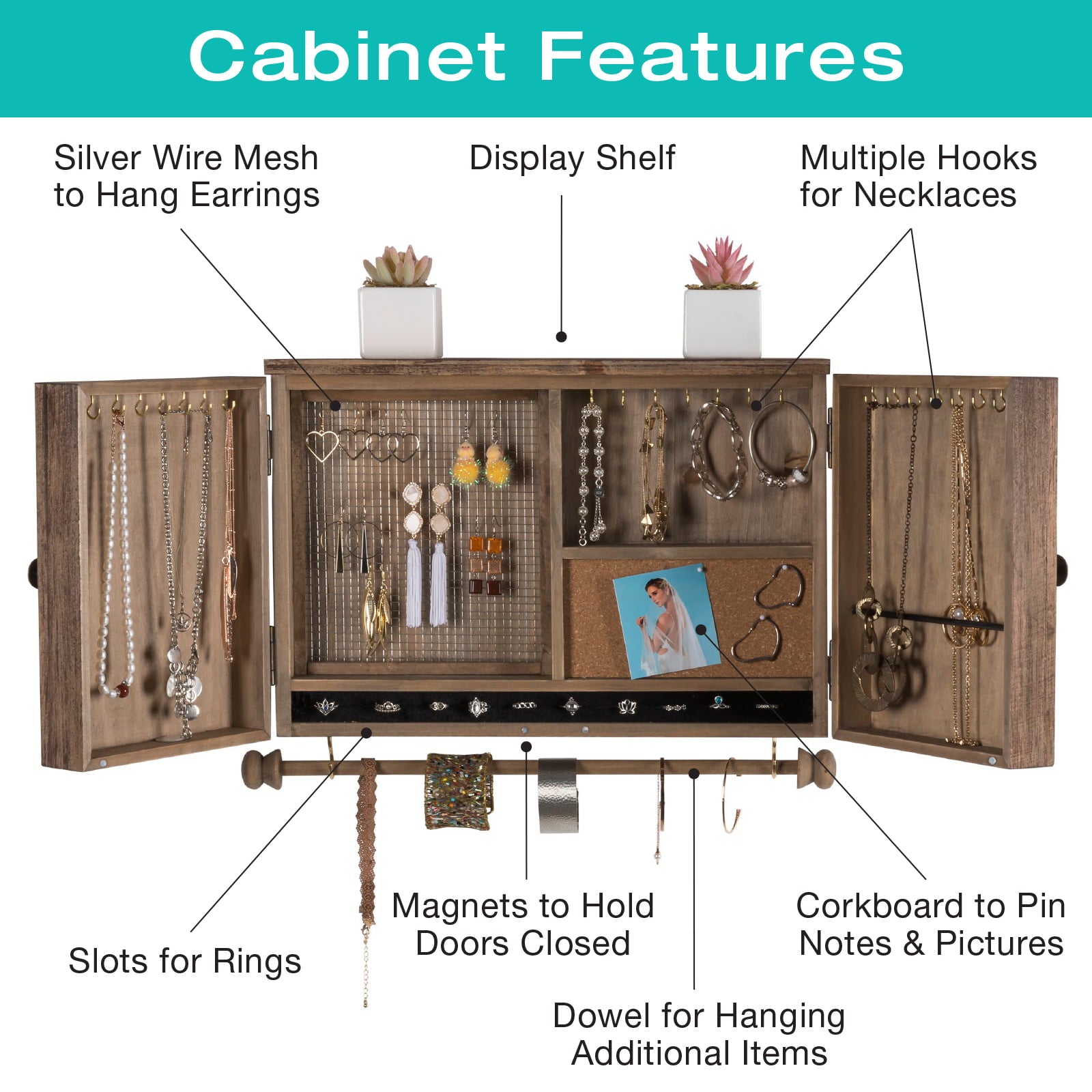 Excello Global Products Rustic Wall Mounted Jewelry Organizer with Wooden Barndoor Decor - Brown - EGP-HD-0088