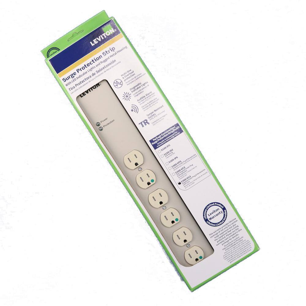 Leviton 15 Amp Hospital Grade Surge Protected 6-Outlet Power Strip 952 Joules No Switch 15 Foot 14-3 SJT Cord Beige 5300-H15