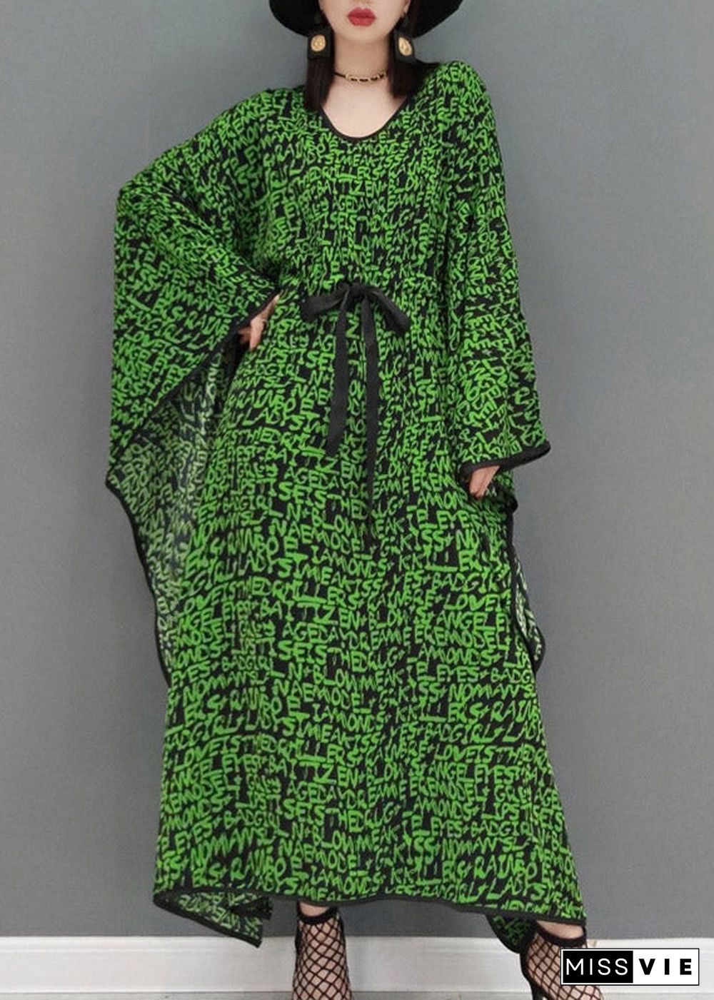 Plus Size Green O-Neck Print Batwing Dresses Long Sleeve