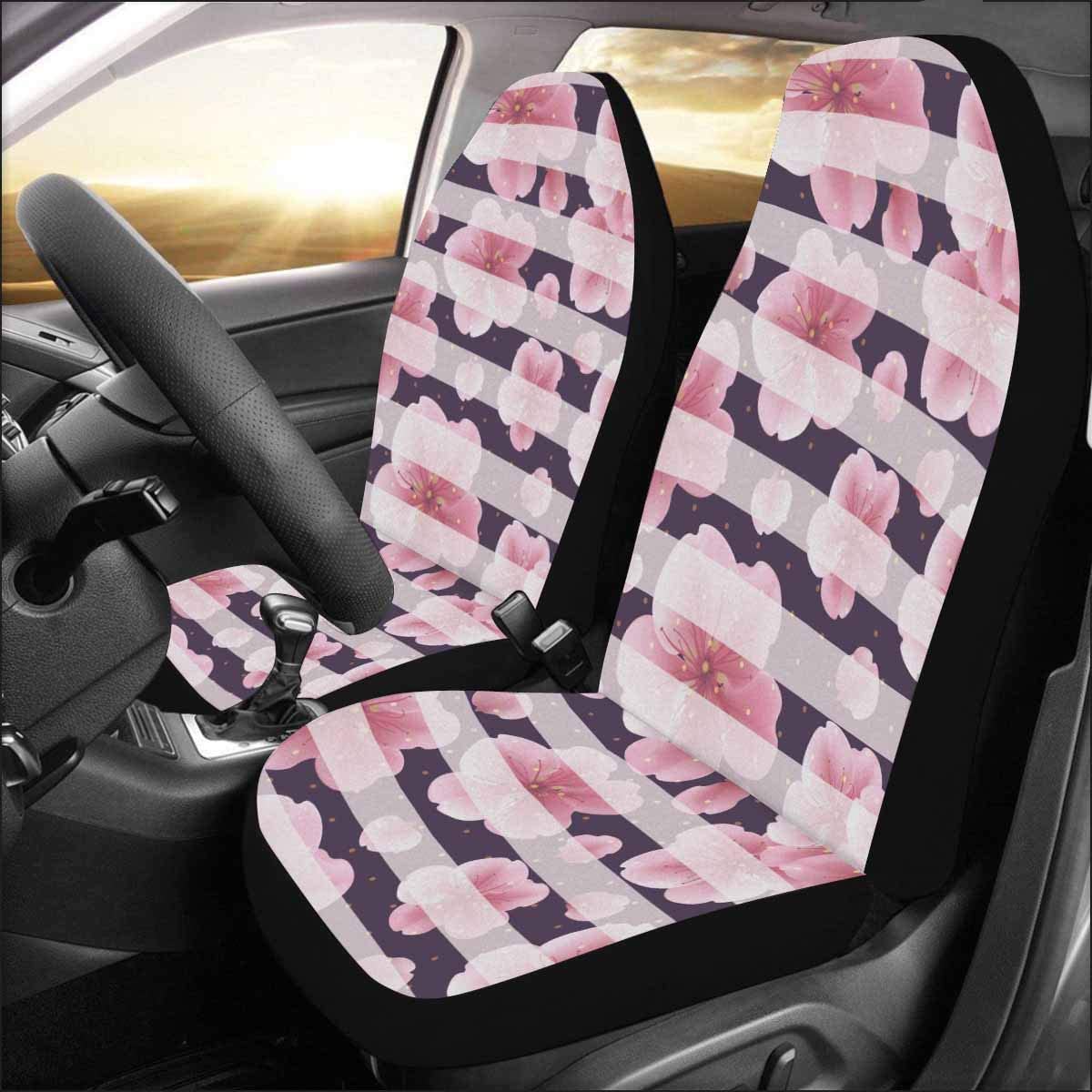 FMSHPON Set of 2 Car Seat Covers Pink Sakura Flowers Petals The Striped Universal Auto Front Seats Protector Fits for Car，SUV Sedan，Truck