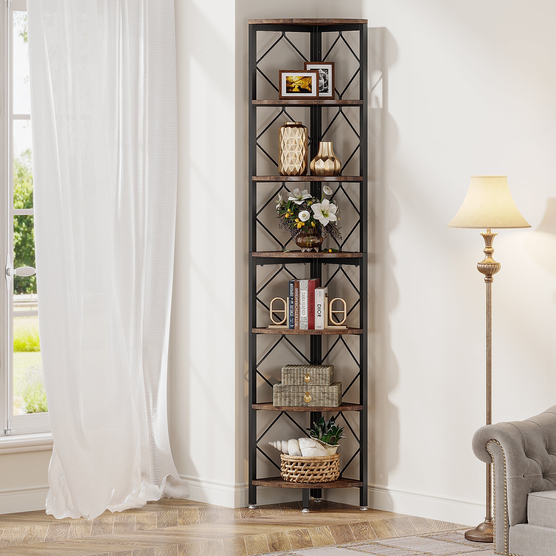 7-Tier Corner Shelf, 78.7 Corner Bookcase Slim Corner Storage Rack