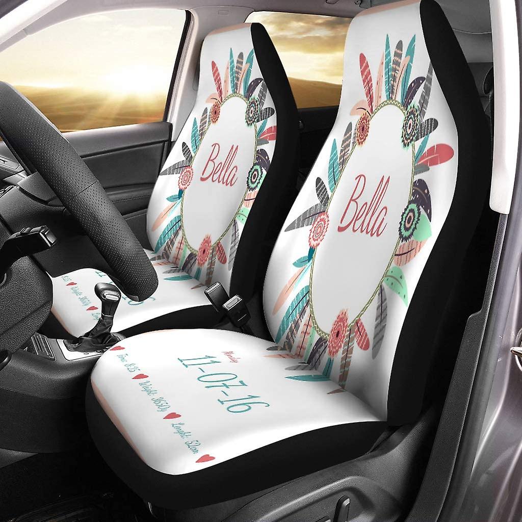 Set Of 2 Car Seat Covers Personalized Birth Announcement Feathers Flowers Frame Universal Auto Front Seats Protector Fits