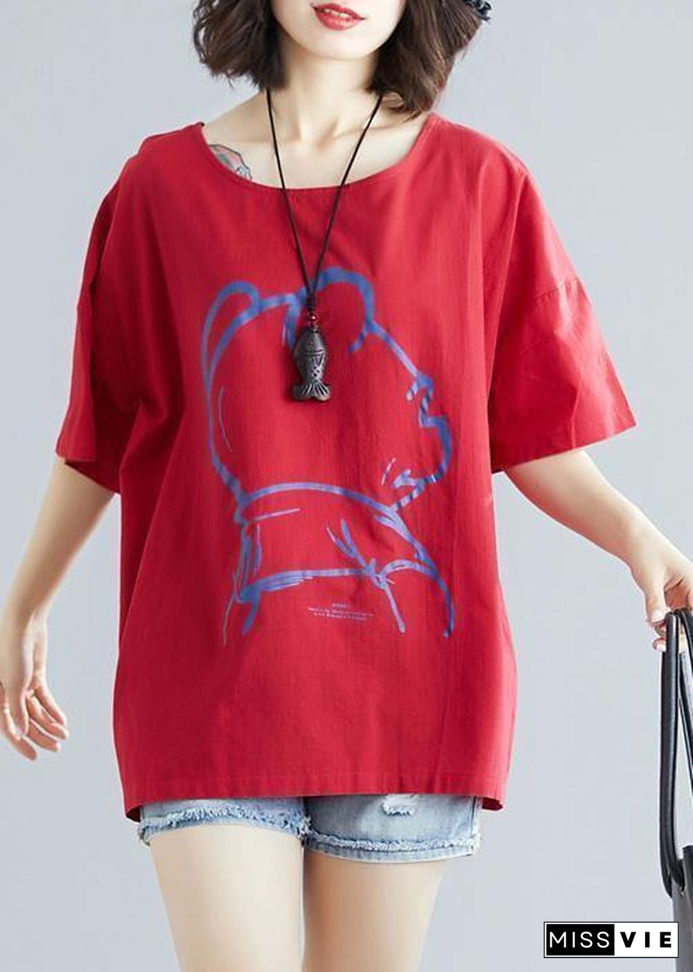 DIY Cartoon print cotton linen tops women Outfits red o neck blouses summer