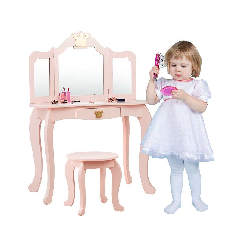 Kids Makeup Dressing Table with Tri-folding Mirror and Stool