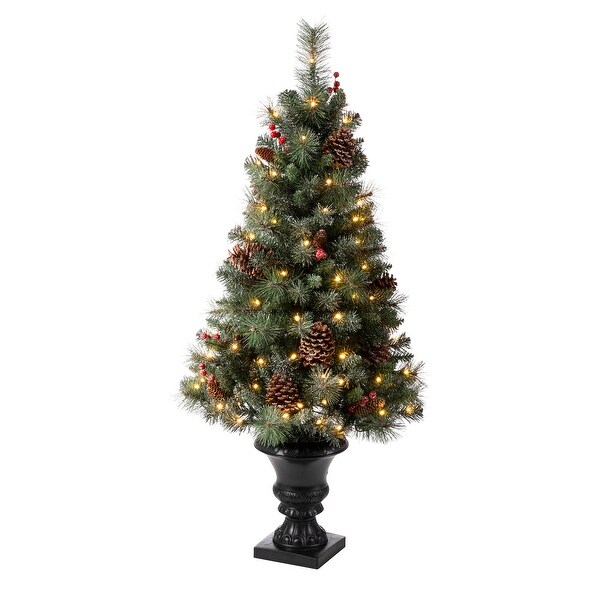 Glitzhome 4ft/5ft/6ft Flocked Pine Christmas Potted Porch Tree With Warm White Lights