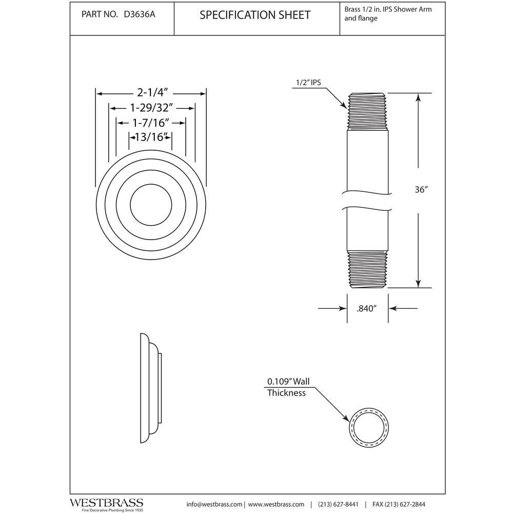 Westbrass 12 in. IPS x 36 in. Round Ceiling Mount Shower Arm with Flange Matte Black D3636A-62