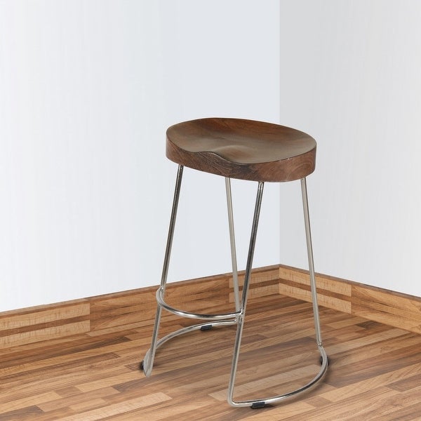 Farmhouse Counter Height Barstool with Wooden Saddle Seat and Tubular Frame， Large