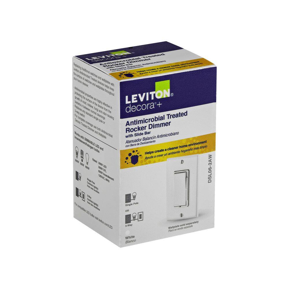 Leviton Decora 600-Watt Single-Pole3-Way Dimmer Universal Rocker Antimicrobial Slide WhiteLight Almond RA2-DSL06-2AW