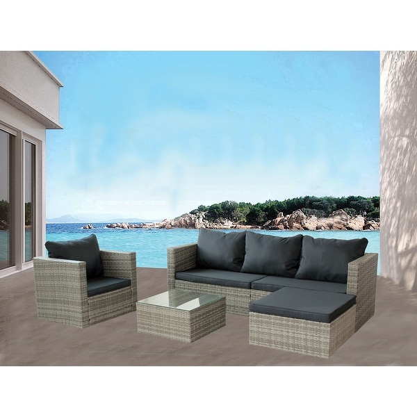 4Piece Rattan Patio Set with Cushioned Wicker Sofa