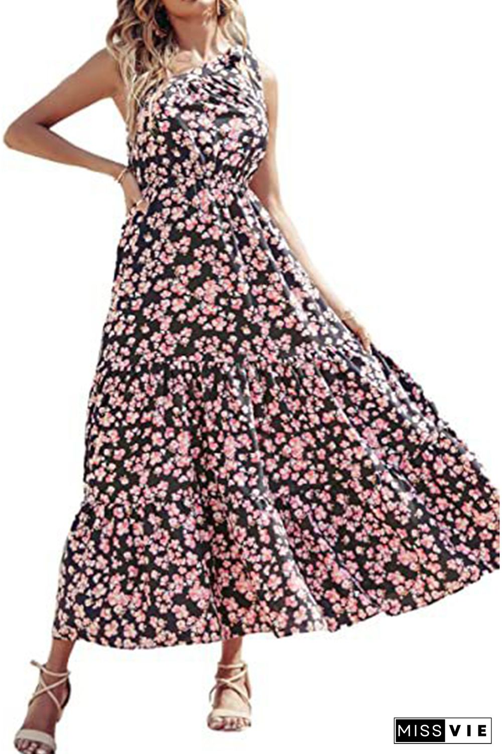 Floral Print One Shoulder High Waist Dress Wholesale