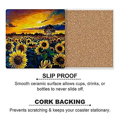 Colourlife Oil Painting Sunflower Field Printed Square Ceramic Coaster For Drinks With Cork Base For Coffee Cups Place Mats For Home Decor Set Of 4 Pi