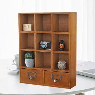 YIYIBYUS Brown Wooden Shelf with 2 Drawers Desktop Storage 9-Cube Organizer HG-HSLT-5697