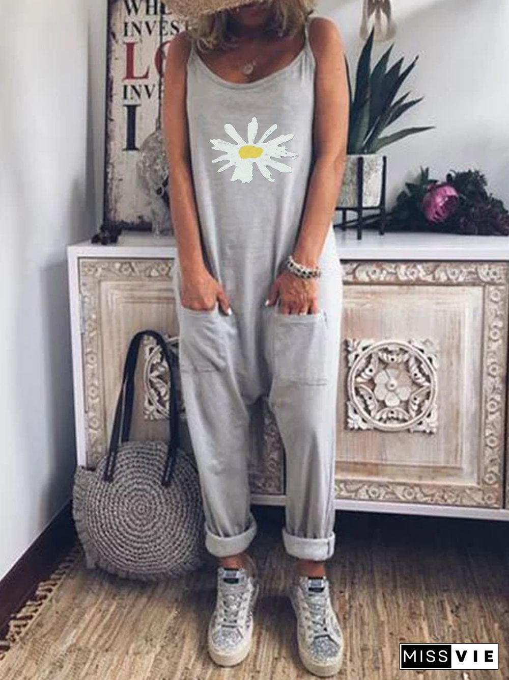 Gray Floral Cotton-Blend Shift Casual Jumpsuit & Romper