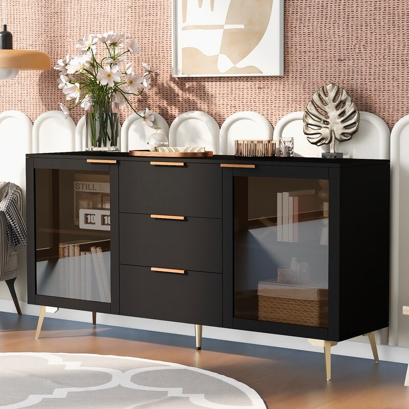 Modern 2 Glass Doors Storage Cabinet with 3 Drawers  Black