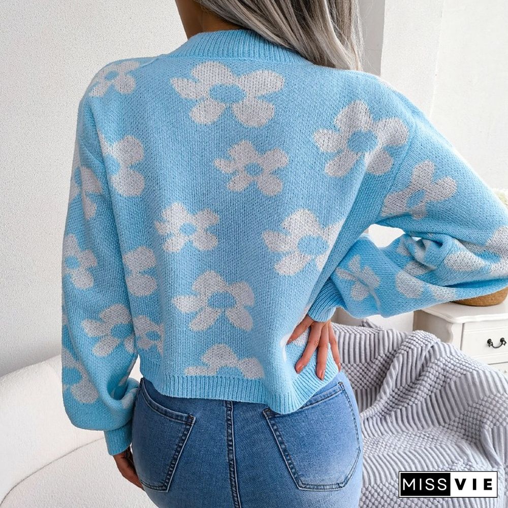 Women Sweater Flower Casual Knitted Cardigans Famale Fashion Sweaters V-neck Button Winter Tops New Korean Clothing