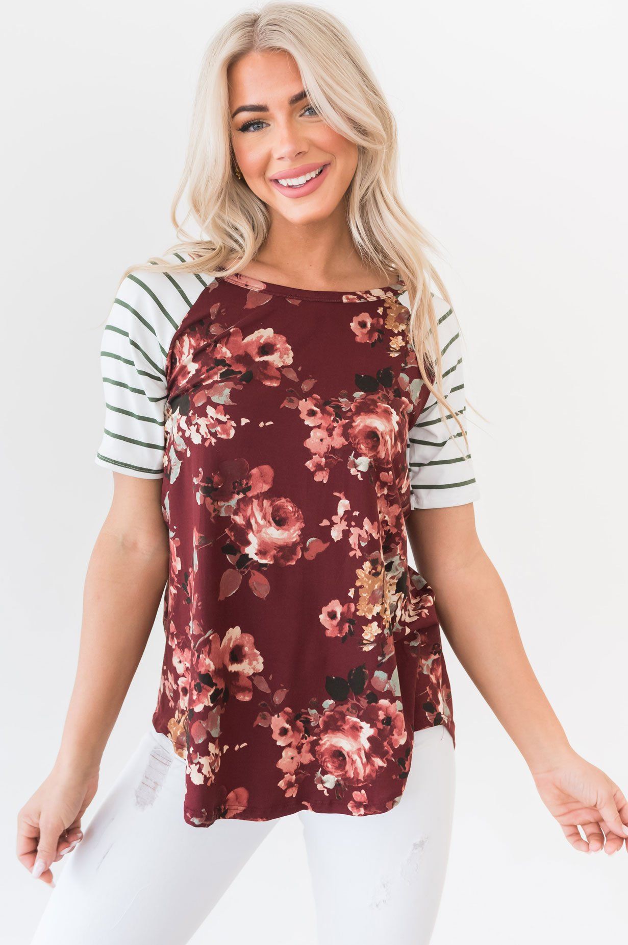 Floral & Stripes Baseball Sleeve Top