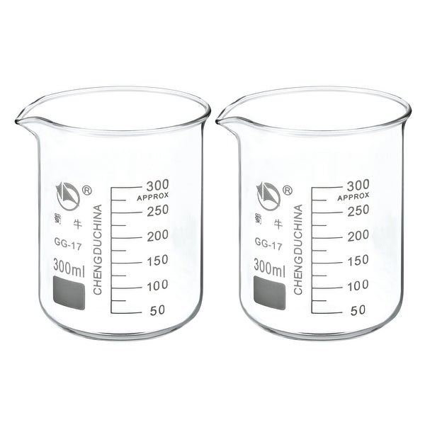 2pcs 300ml Low Form Glass Beaker 3.3 Borosilicate Lab Measuring Cups - Clear