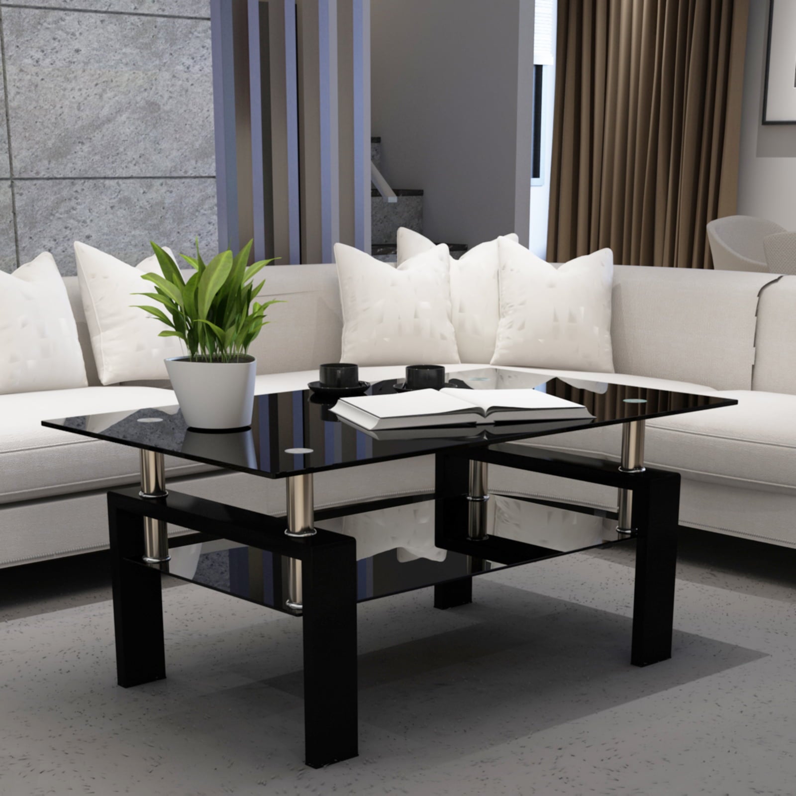 Rectangular Glass Coffee Table, Modern Side Coffee Table, Tempered Glass Tabletop & Metal Legs, for Living Room