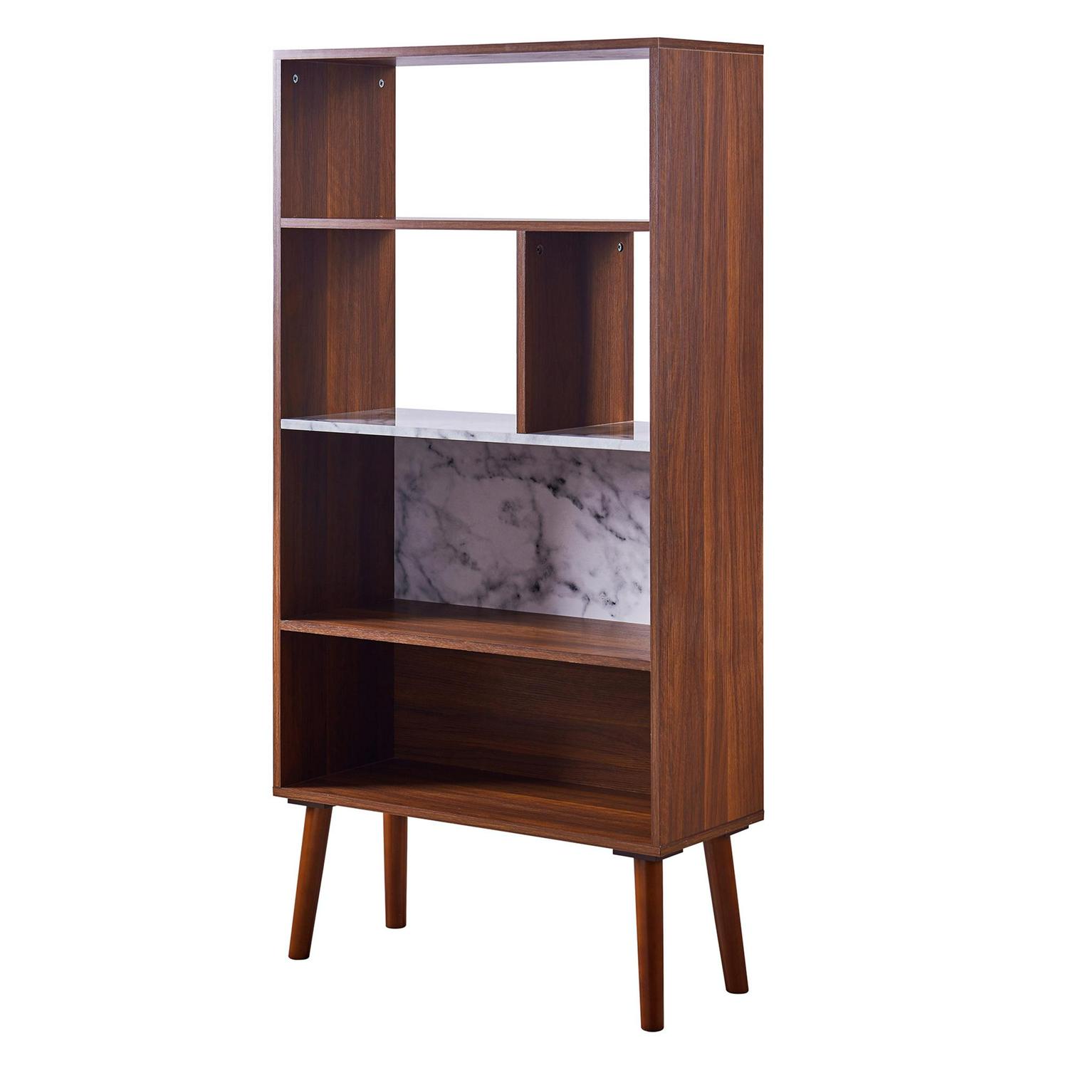 Versanora Kingston Wooden Bookcase with Faux-Marble Accents， Marble/Walnut