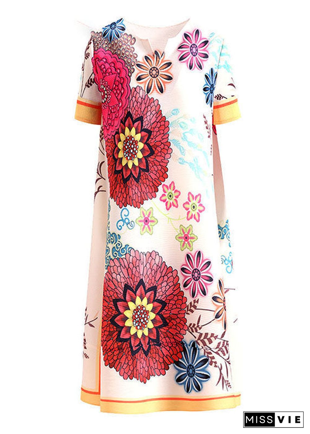 Elegant White V Neck Wrinkled Print Side Open Silk Maxi Dresses Short Sleeve