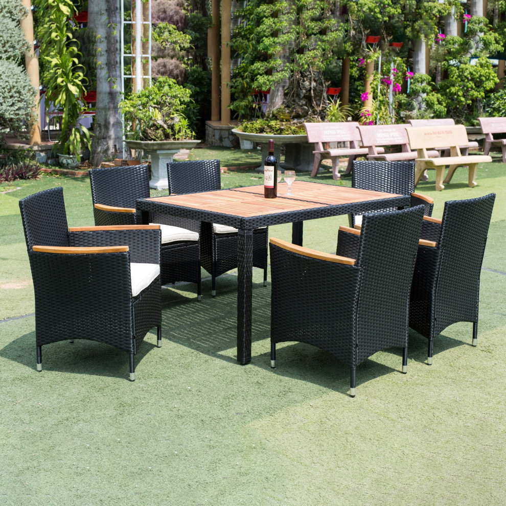 7 Pieces Outdoor Patio Wicker Furniture Dining Table Set With 6 Stools   Tropical   Outdoor Dining Sets   by AquaView Inc  Houzz