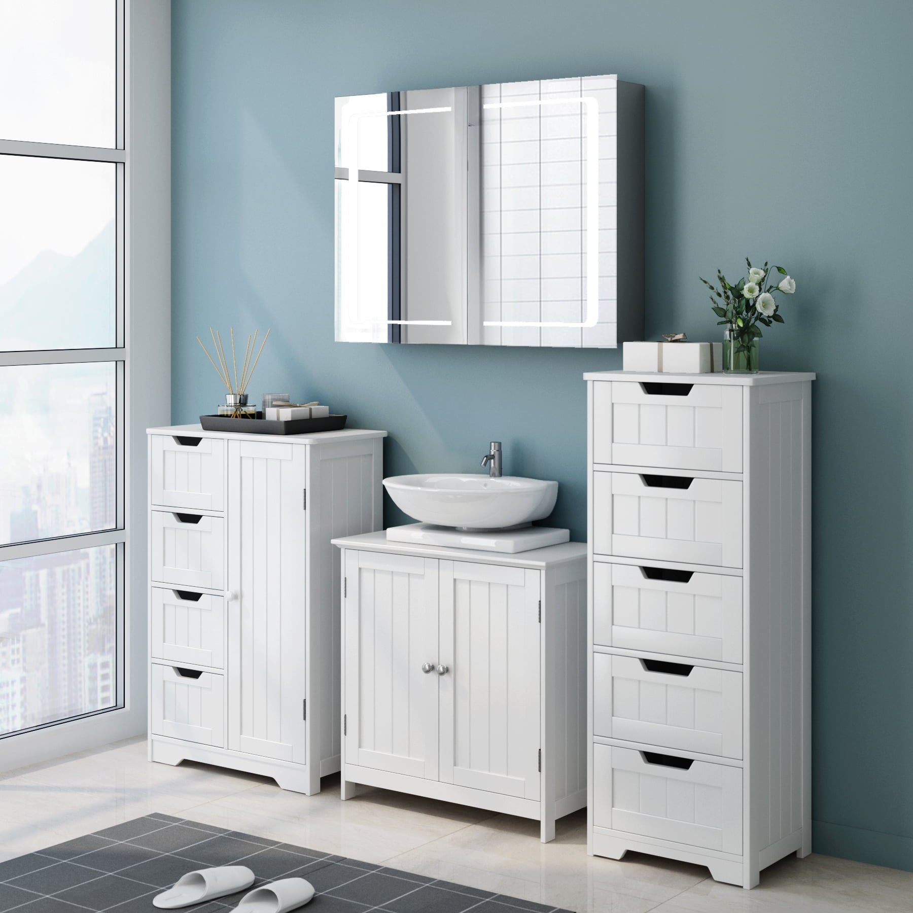 Homfa Bedroom Dresser with 5 Drawers, Wooden Bathroom Linen Cabinet, White Finish