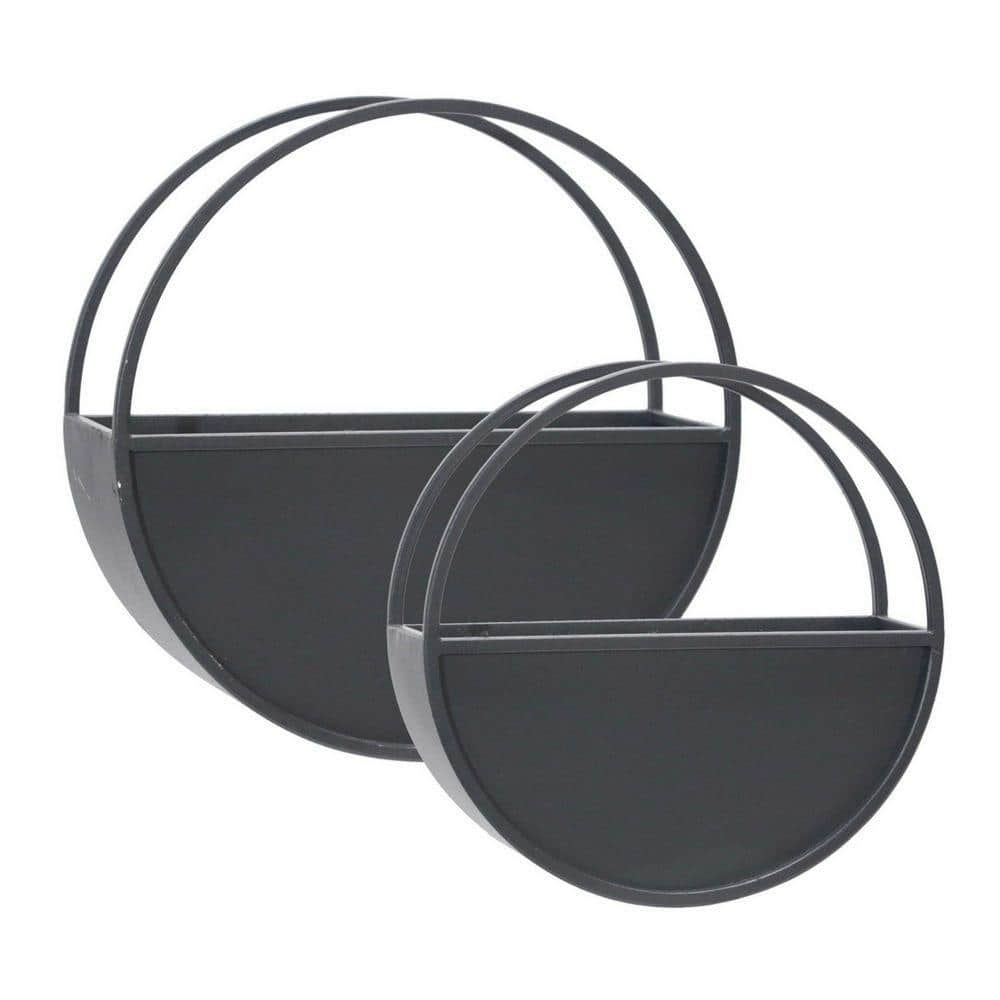 Benjara 12 in. Black Metal Frame Round Shaped Wall Planter (Set of 2) BM227309