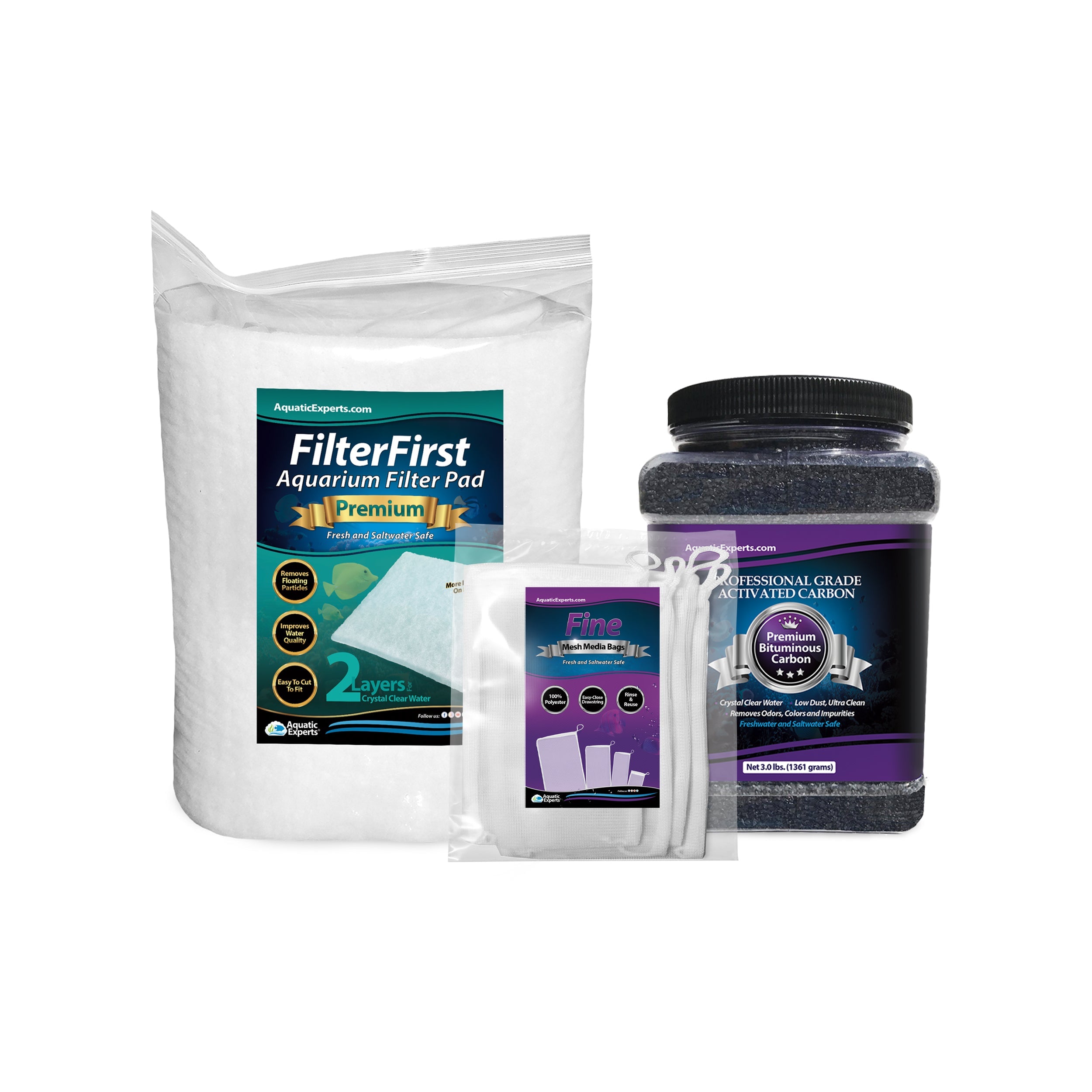 Aquatic Experts - 4 Pack Fine Mesh Bag 5"x9" + Carbon 3.0 + FilterFirst 12"x72" Bundle