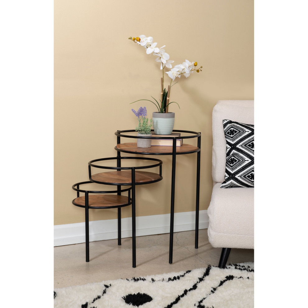 Transitional End Table  Unique Nesting Design With Round Acacia Wood Tops   Industrial   Coffee Table Sets   by Decor Love  Houzz