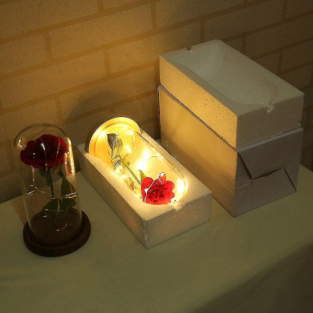 Rose Vase Beauty Table Lamp Red Rose With Led Light Glass Dome Valentine's Day Gift Beige Base