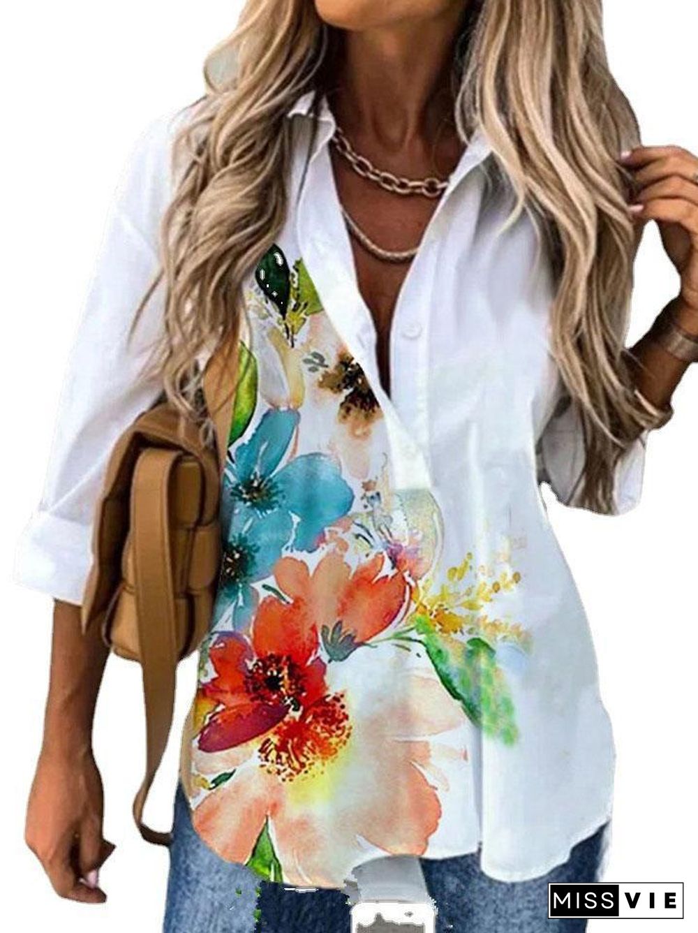 Colorful Flower Printed White Shirt