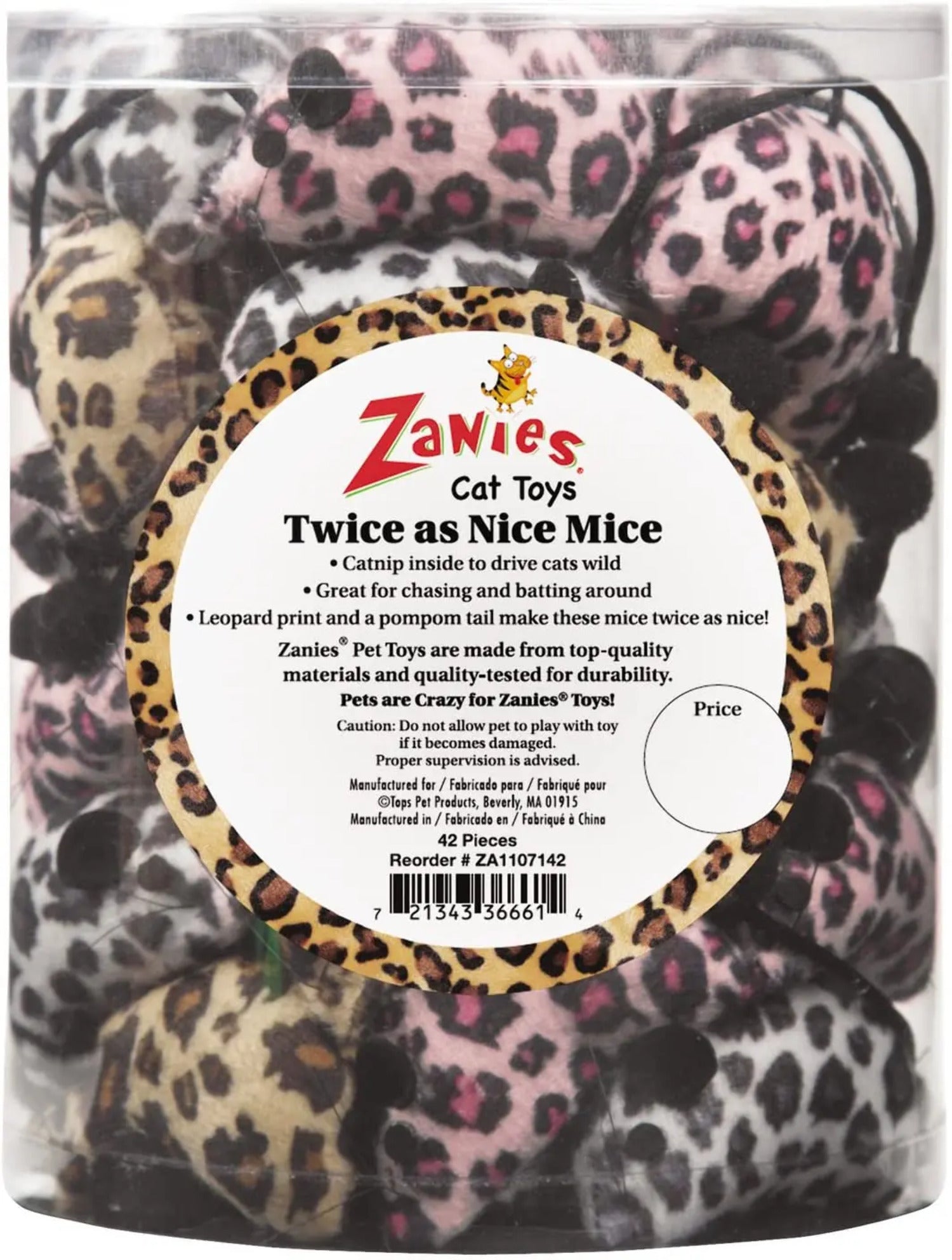 Zanies Cheetah Print Catnip Plush Pompom Mouse Cat Toy Loose Toys 6CT