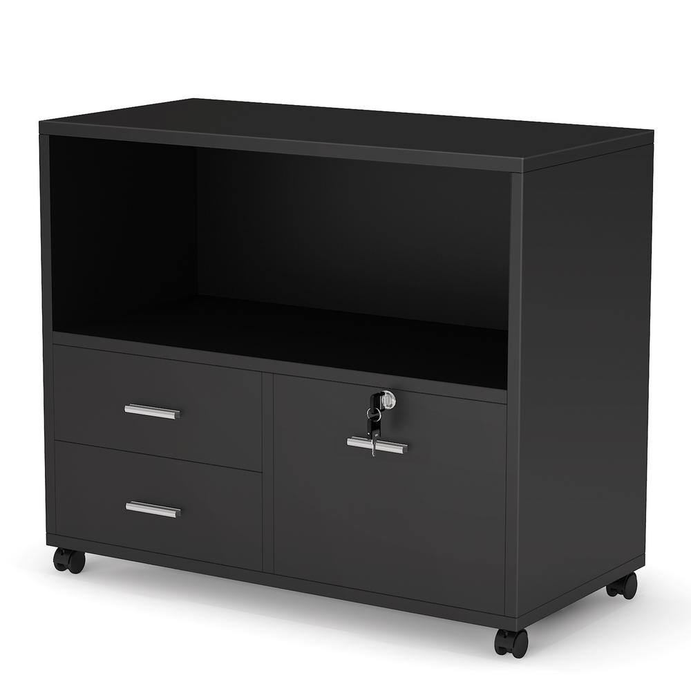 Tribesigns Frances Black Mobile Lateral Filing Cabinet with 3-Drawer and Open Storage Shelves TJHD-QP-1357