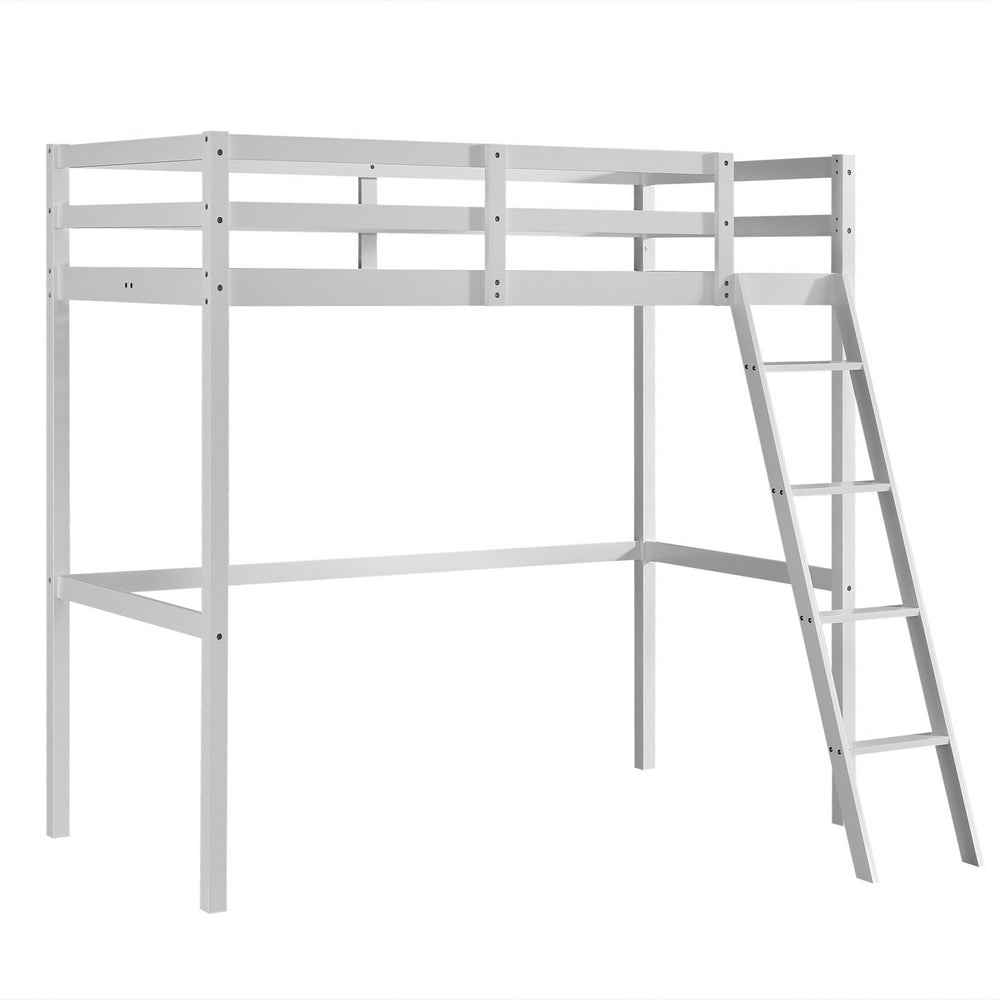 JOYMOR High Loft Bed Frame Twin Solid Wood Bed for Kids, Junior, Teens, White