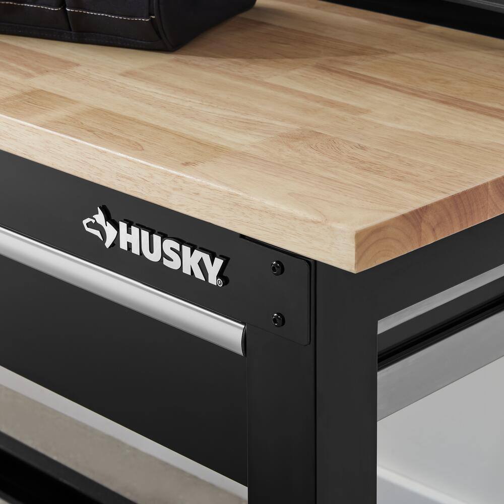 Husky Ready-To-Assemble 8 ft. Solid Wood Top Workbench in Black with Pegboard and 3 Drawers G9603S-US