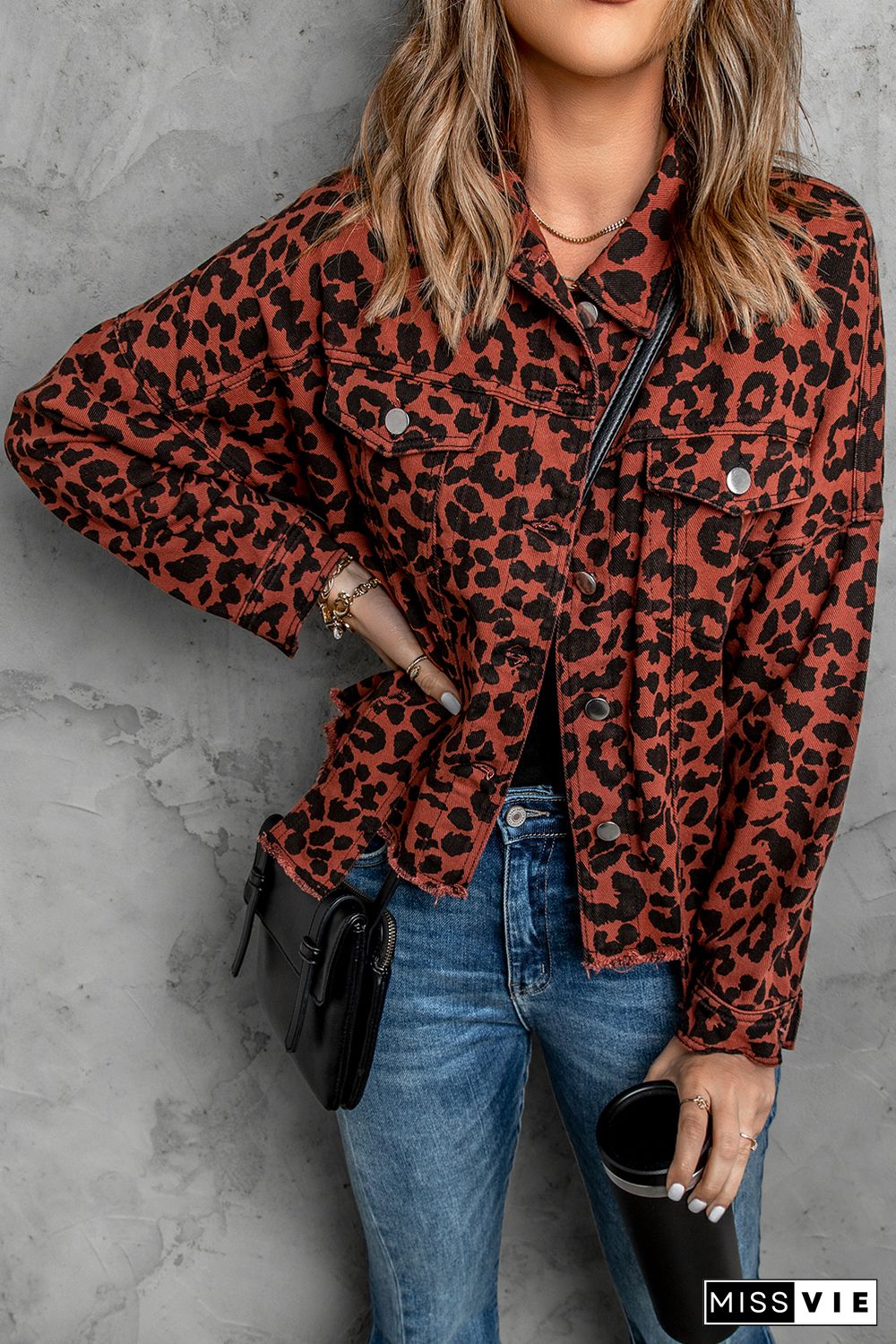 Brown Leopard Print Raw Hem Buttoned Cropped Jacket