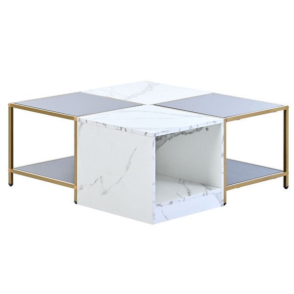 2-layer High Gloss White Marble Finish Coffee Table with Metal Frame