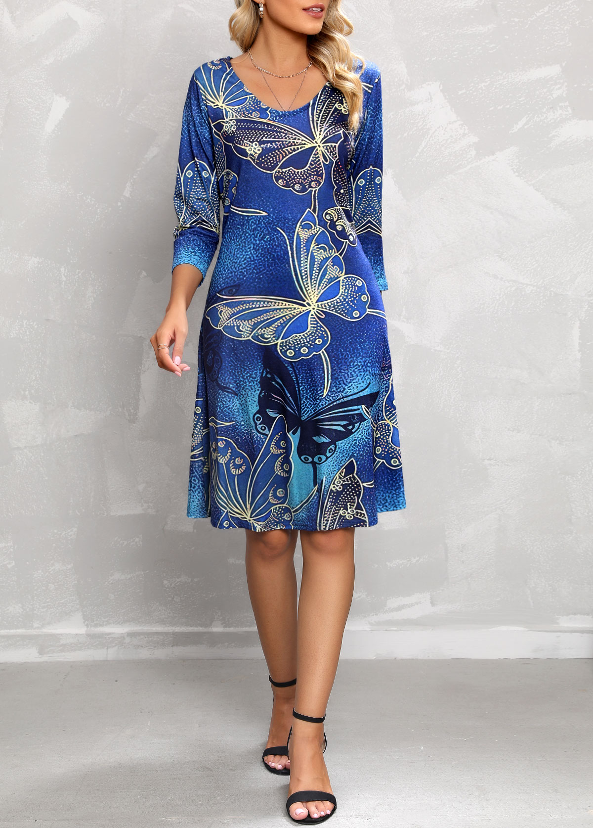 Butterfly Print 3/4 Sleeve Blue Dress