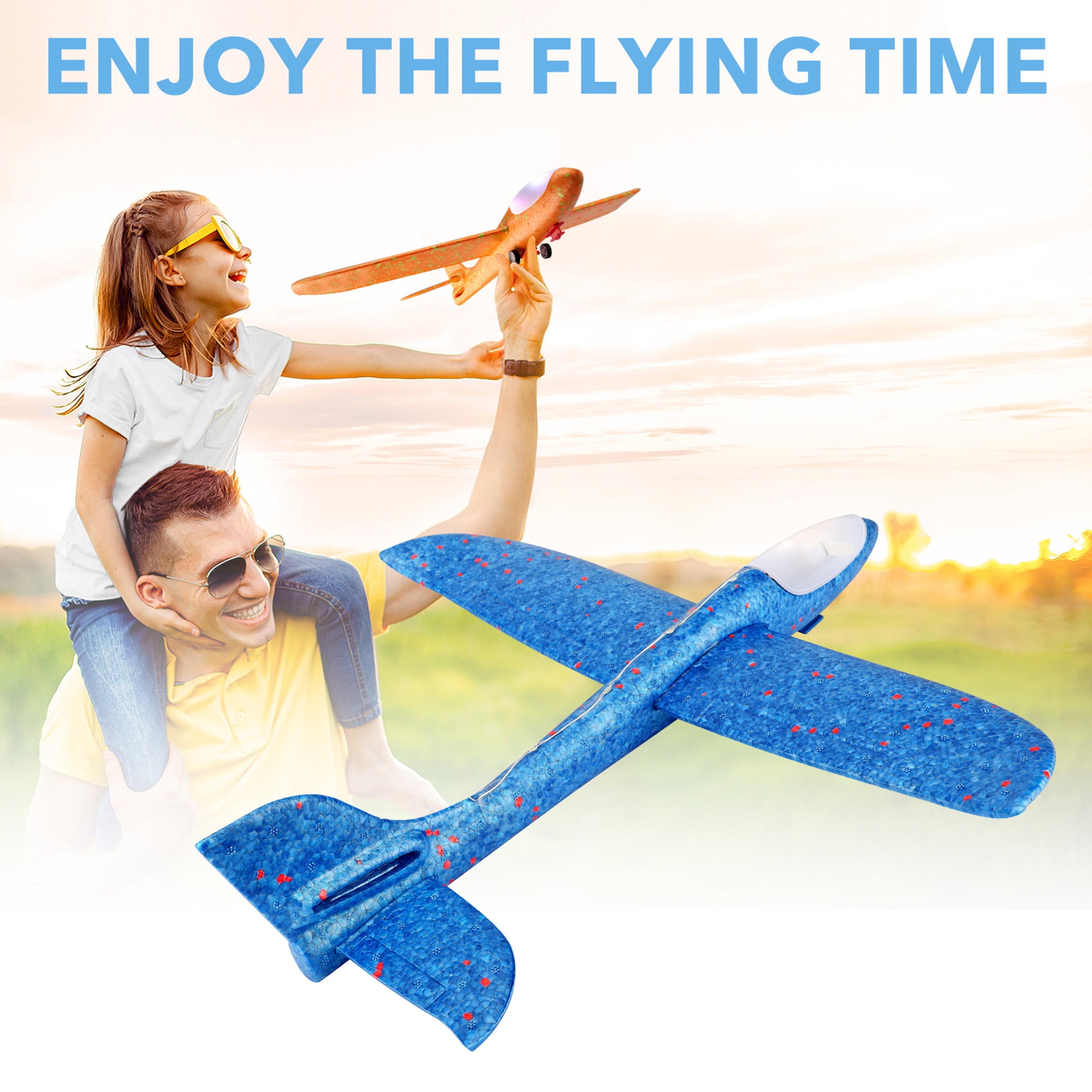 Growsly 2 Pack Flying Airplane Toys with Launcher， LED Light Foam Glider Planes for 3-10 Years Old Kids， Blue and Yellow