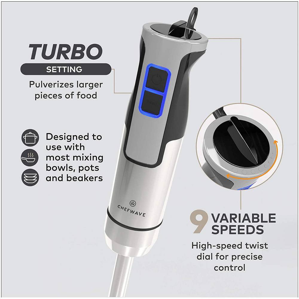 CHEFWAVE 500-Watt 9-Speed Black Immersion Blender with attachments CW-HB500