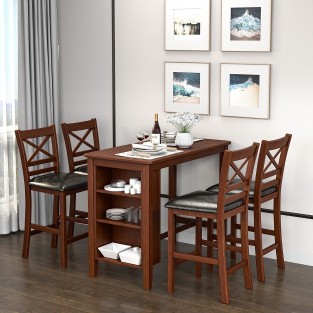 Costway 5pcs Pub Dining Table Set W Storage Shelves amp 4 Upholstered Chairs Walnut