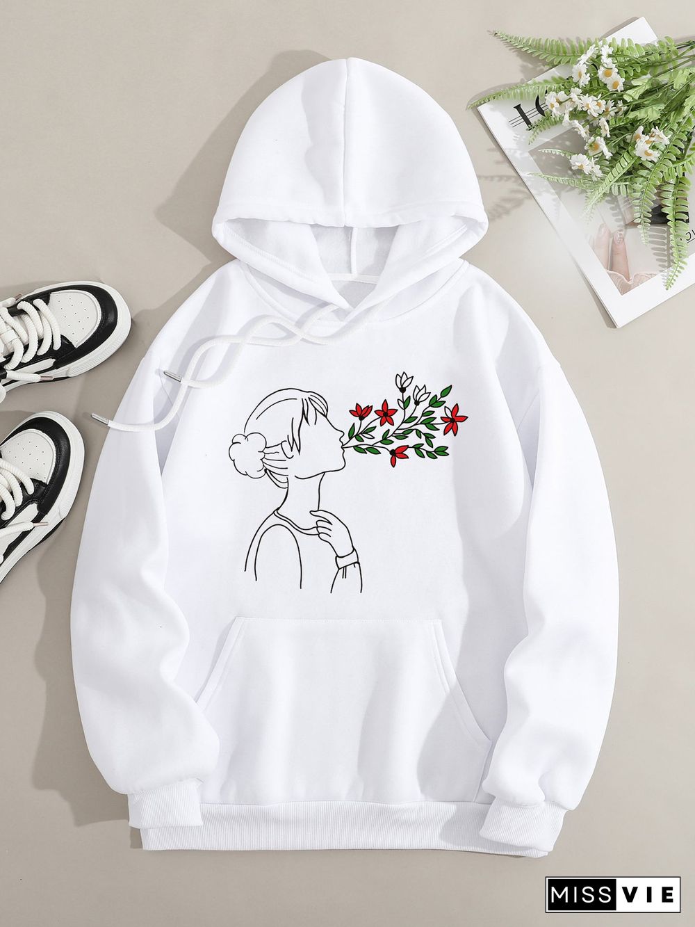 Printed on front Kangaroo Pocket Hoodie Long Sleeve for Women Pattern Seeing with Flowers