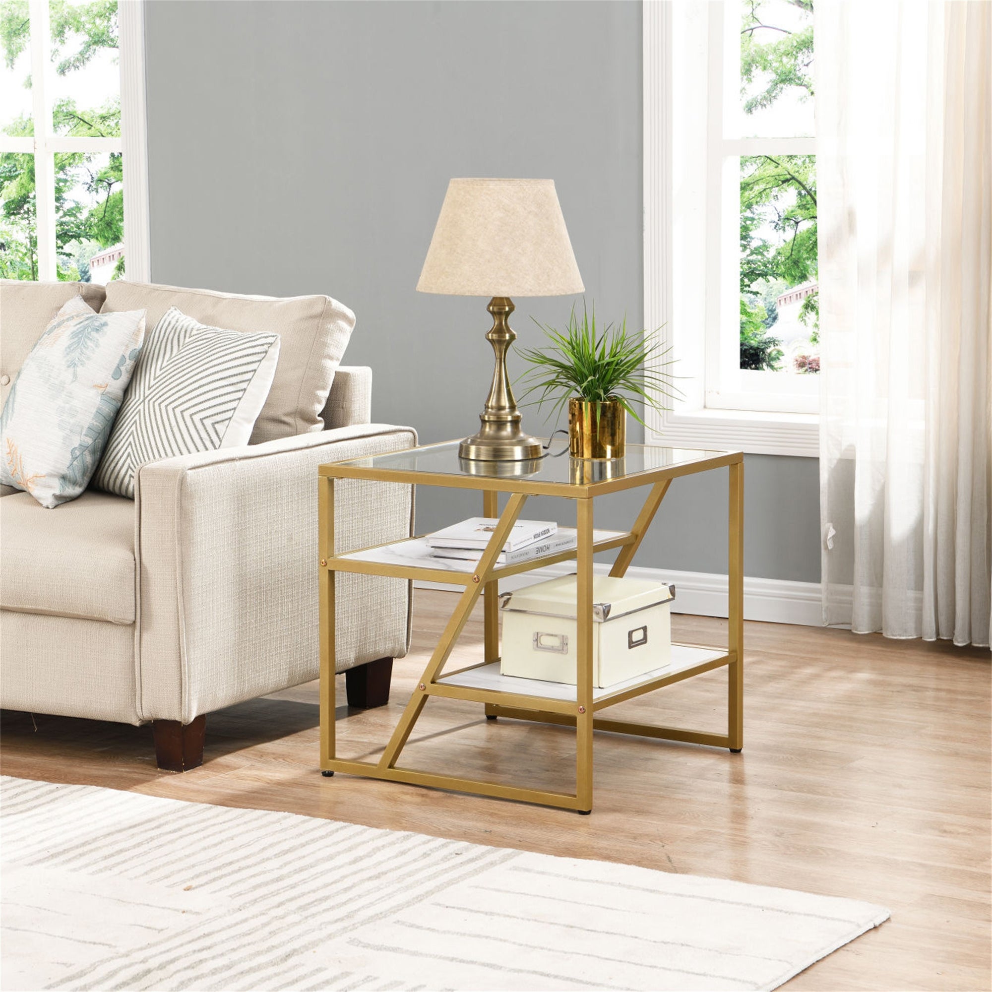 Golden Side Table with Storage Shelf