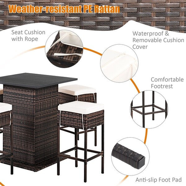 5 PCS Outdoor Rattan Bar Set Patio Bar Table with 4 Cushions Stools