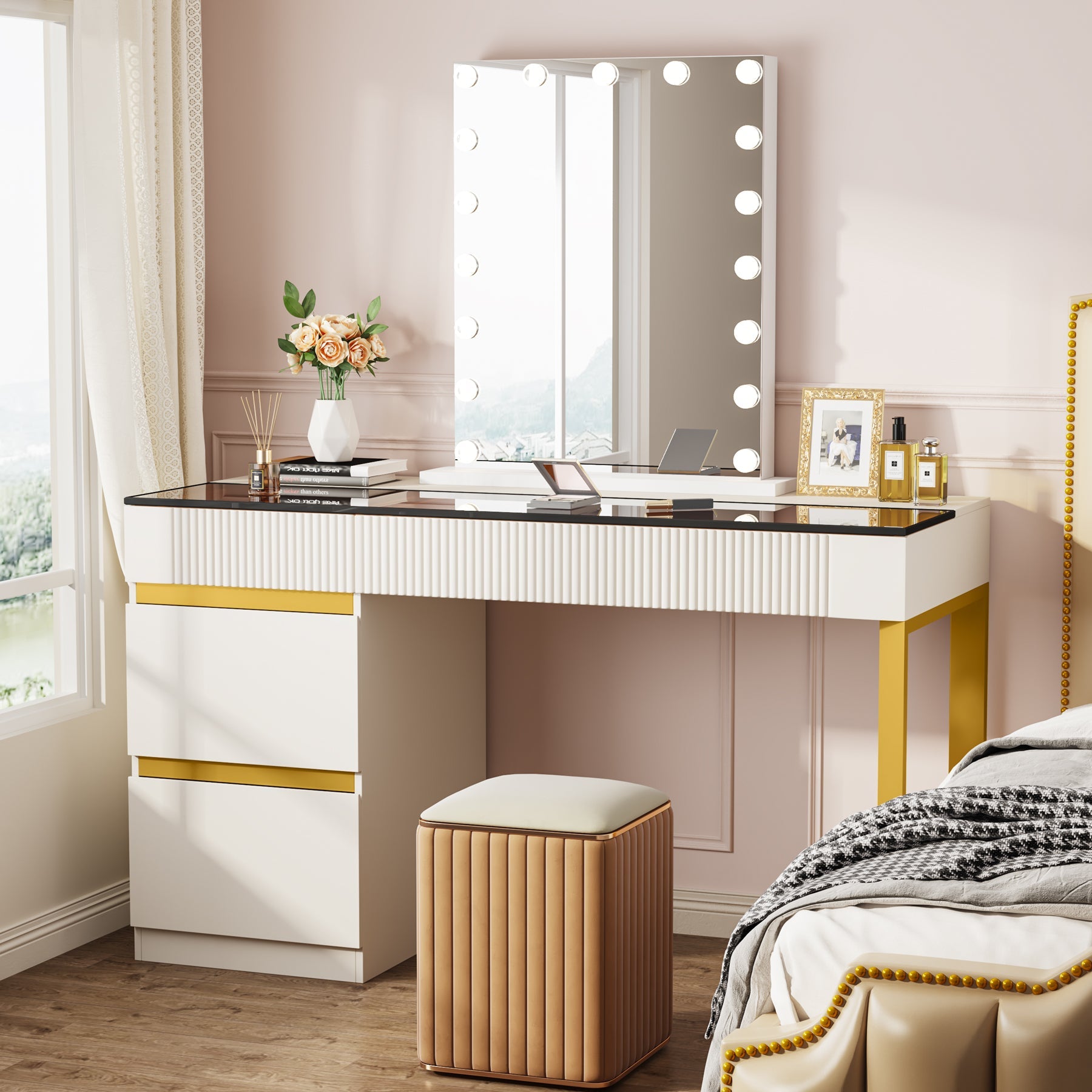 4-Drawer Makeup Vanity, Modern Dressing Table with Glass Desktop(Without Mirror)