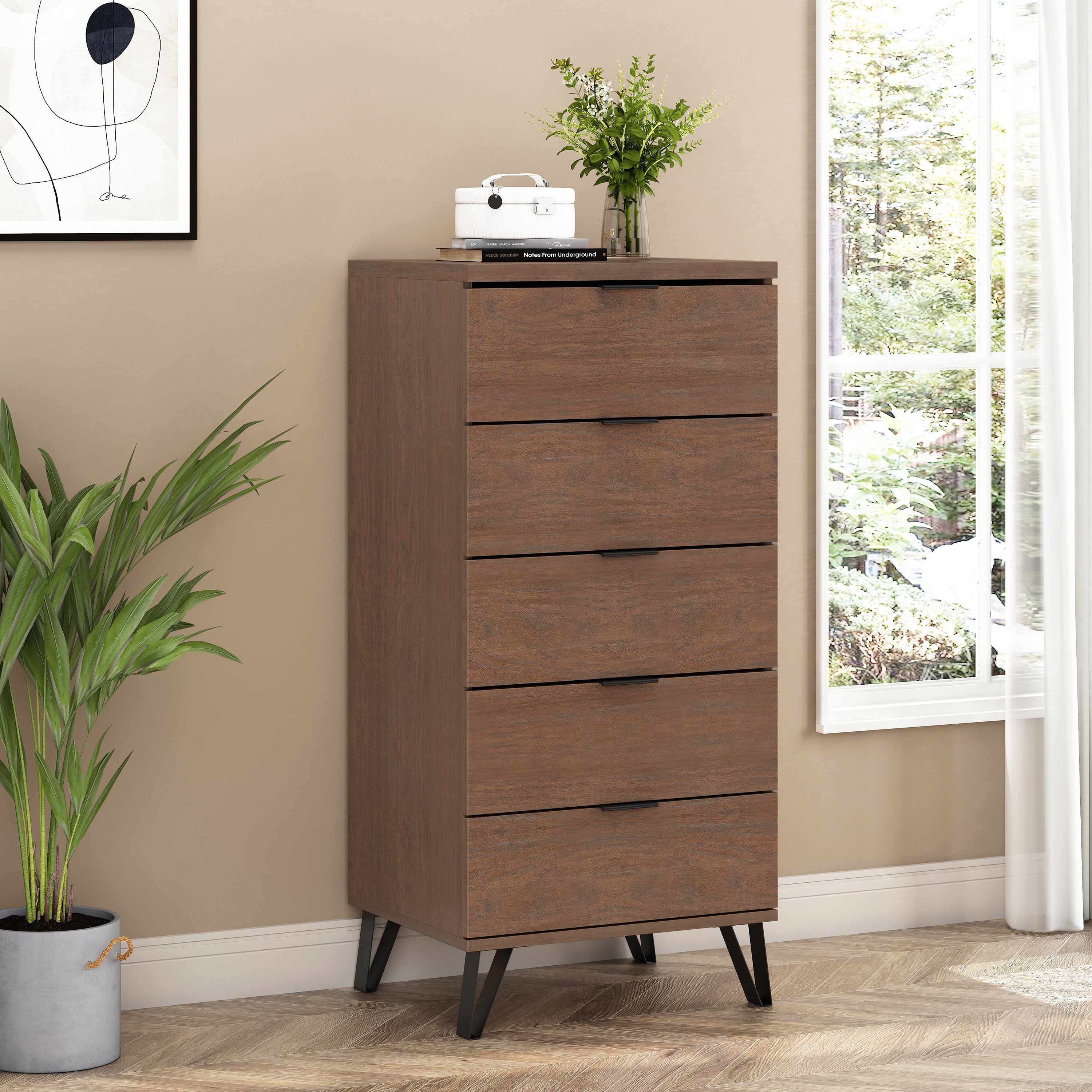 Demijen Modern Industrial 5 Drawer Dresser, Walnut and Matte Black